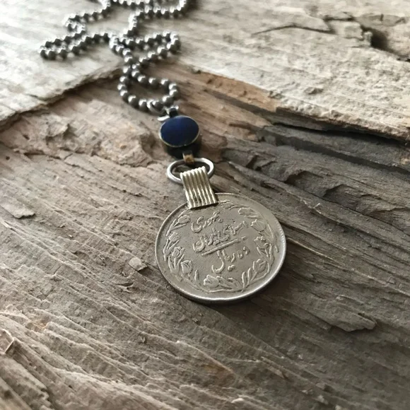 Rustic Lapis Lazuli Ethnic Coin Charm Necklace - 30 Inch Chain - Picture 4 of 12